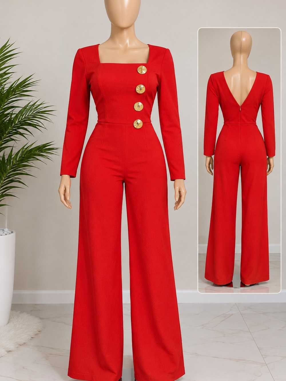 Fashion Nova Red Square-Neck Wide-Leg Jumpsuit with Gold Buttons